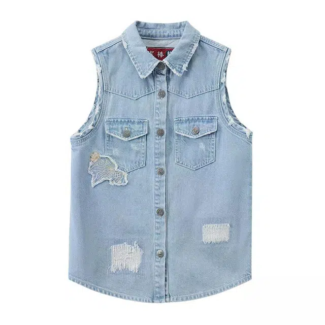 鬼洗 樱花金鱼贴布绣街头马甲牛仔外套 女款