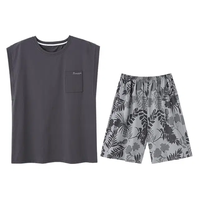 向薇 纯棉男夏季圆领无袖短裤夏天男士休闲可外穿家居服睡衣套装 男款