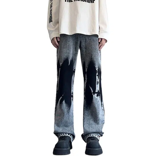 佐菲利 美式扎染高街潮牌显瘦直筒休闲炸街痞帅小众微喇弯刀裤子牛仔裤 男女同款