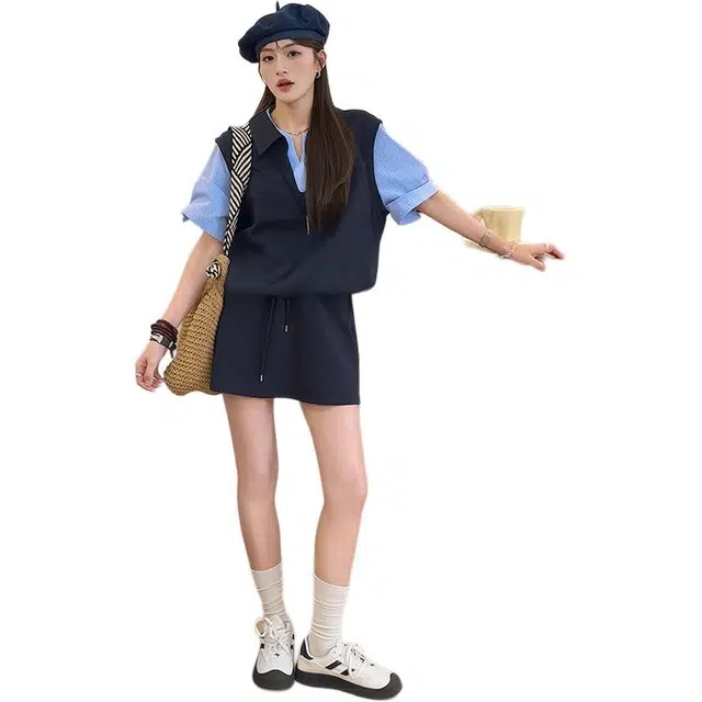 缪斯的诱惑 小个子韩版女夏季时尚气质假两件上衣半身裙两件套裙装套装 女款