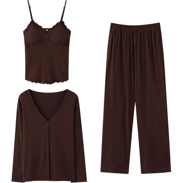 俏佳人 纯欲风纯色小吊带外套长裤三件套带胸垫亲肤舒适休闲可外穿时尚家居服睡衣套装 女款