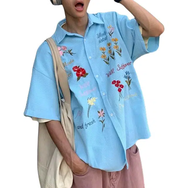 冈哉 美式垂感凉感透气卡通刺绣植物花卉舒适痞帅慵懒宽松翻领纽扣衬衫 男女同款