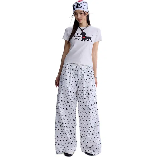 徐百货 美式夏复古小狗印花阔腿裤宽松垂感百搭直筒长裤休闲裤 男女同款