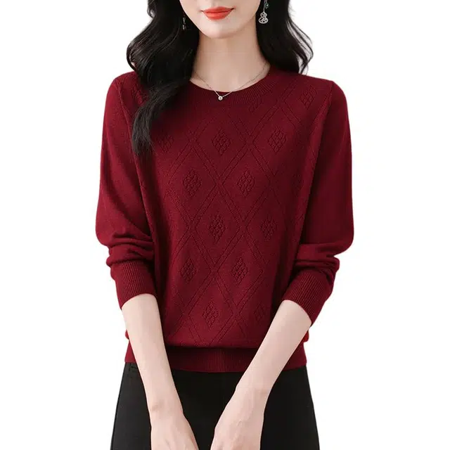 恒源祥 休闲百搭显瘦纯色质感纹路圆领羊毛针织衫 女款