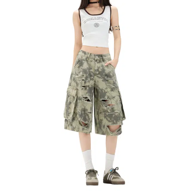 玫丝朵 美式迷彩破洞阔腿工装高腰宽松显瘦五分牛仔短裤 女款