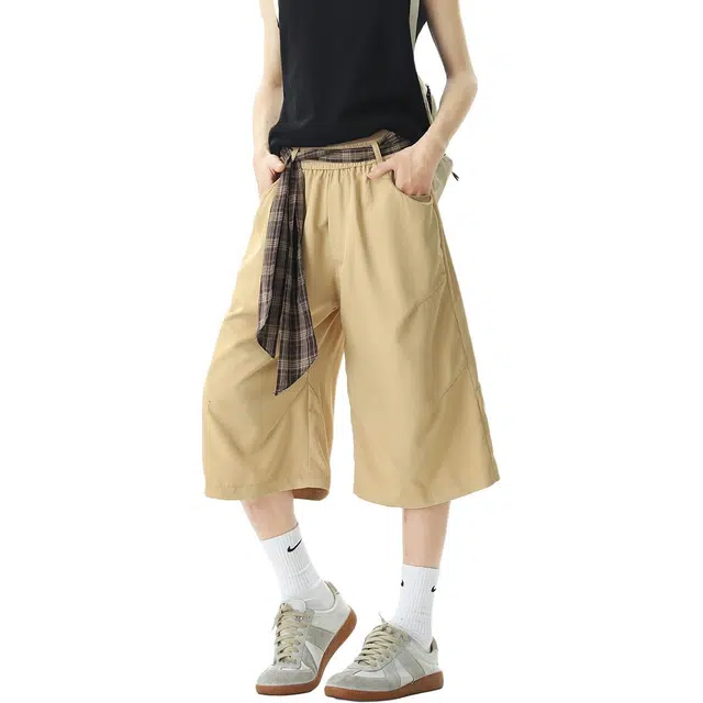 黑马漫画 格子飘带七分裤速干小众设计感休闲短裤 男女同款