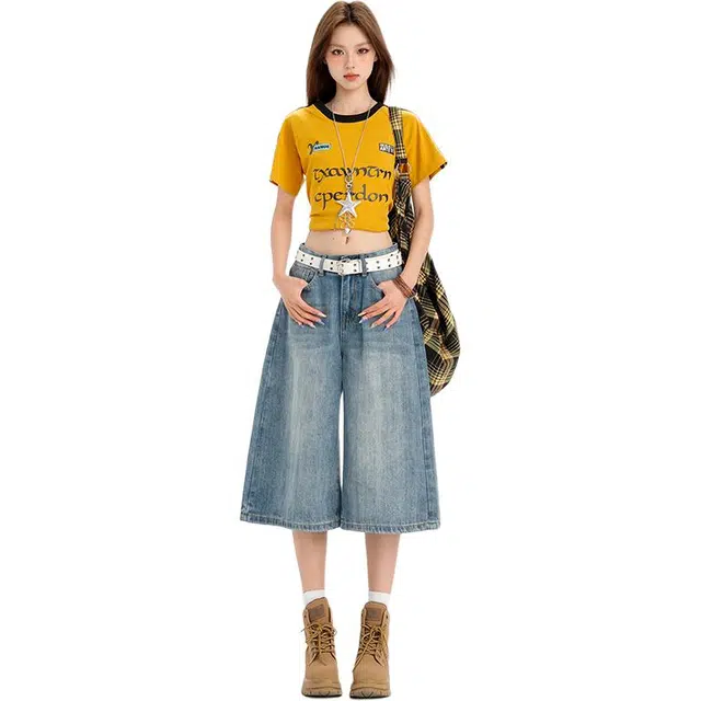 拾籍 美式复古高腰宽松阔腿裤女夏季辣妹时尚百搭休闲直筒七分牛仔短裤 女款