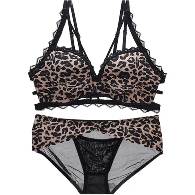 潞优野 豹纹文胸内裤性感小胸聚拢显大胸罩无钢圈美背内衣裤套装 女款