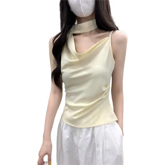缪斯的诱惑 设计感斜肩荡领挂脖飘带女夏季气质时尚修身短款上衣吊带 女款