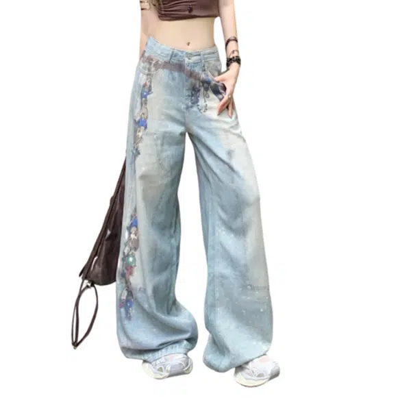 玫丝朵 美式复古炫酷印花设计感高腰宽松显瘦阔腿拖地牛仔裤 女款