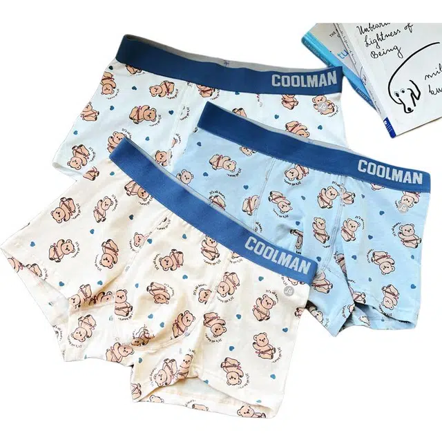 潞优野 纯棉可爱卡通小熊四角短裤头中腰透气底裤宽松运动平角内裤 男款