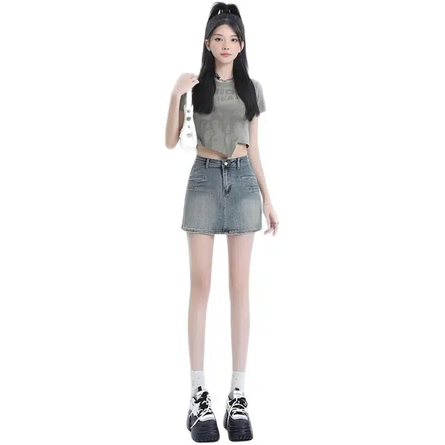 木木兔 潮流时尚高腰复古半身裙女设计感美式高街包臀裙防走光牛仔短裙 女款