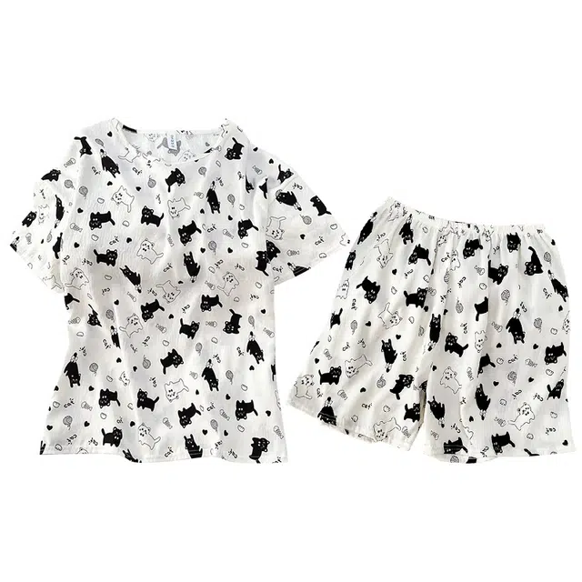 俏韵 圆领卡通猫咪夏季云朵棉甜美可爱短袖短裤舒适薄款家居服可外穿睡衣套装 女款