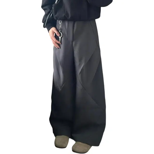 冈哉 美式复古高街压褶分割立体剪裁纯色设计时尚潮流百搭垂感透气宽松拖地弯刀休闲裤 男女同款