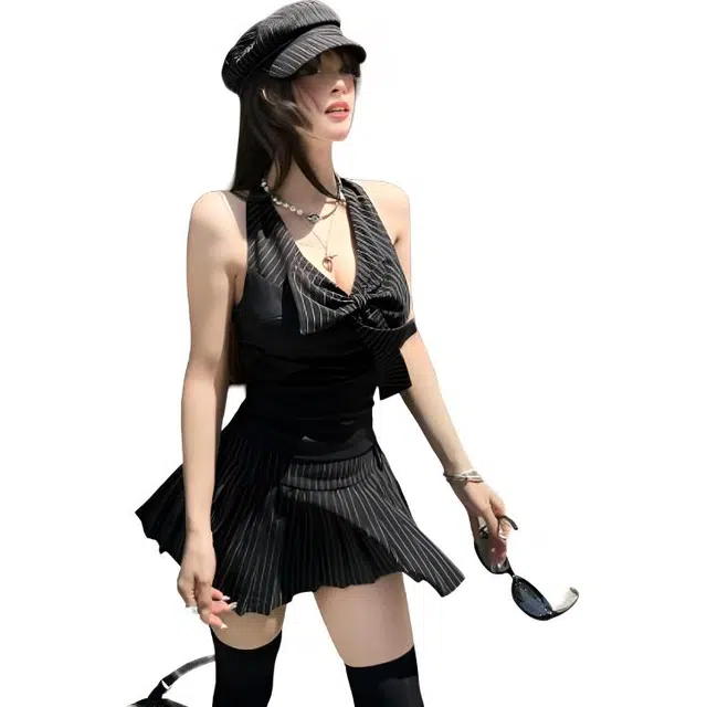 黛尔佳人 设计感辣妹条纹挂脖吊带百褶短裙两件套无袖连衣裙 女款