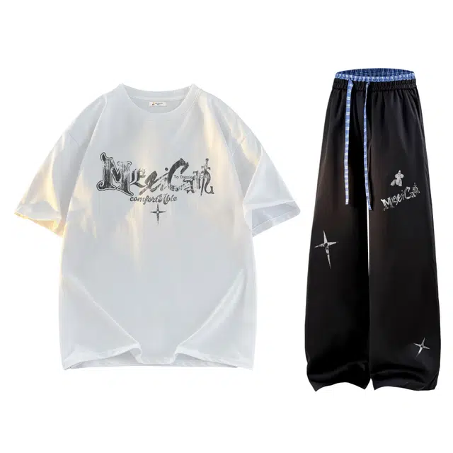 稻草人 美式高街字母印花图案设计薄款圆领落肩宽松短袖中腰系带长裤休闲运动套装 男女同款