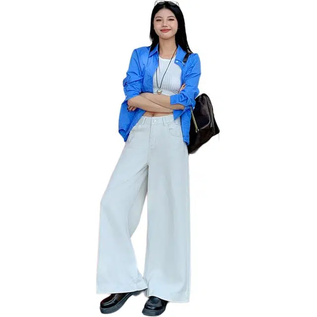 拾籍 美式复古秋季百搭时尚高腰垂感阔腿设计显瘦九分直筒牛仔裤 女款