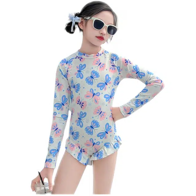 木木兔 夏季时髦洋气时尚女孩中大童初中生游泳学生少女长袖泳装泳衣裤