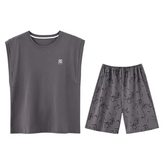 向薇 男士夏季纯棉无袖短裤宽松休闲夏天青少年可外穿家居服睡衣套装 男款