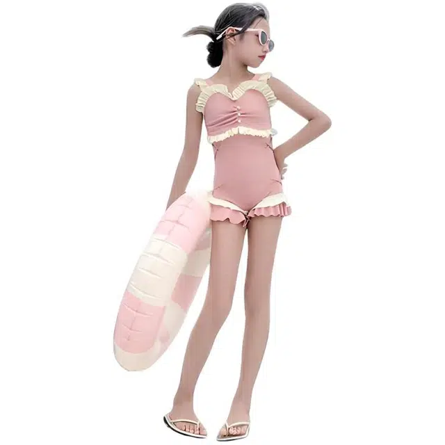 木木兔 夏季时髦洋气时尚女孩中大童初中生游泳学生少女花边泳装泳衣裤 儿童款