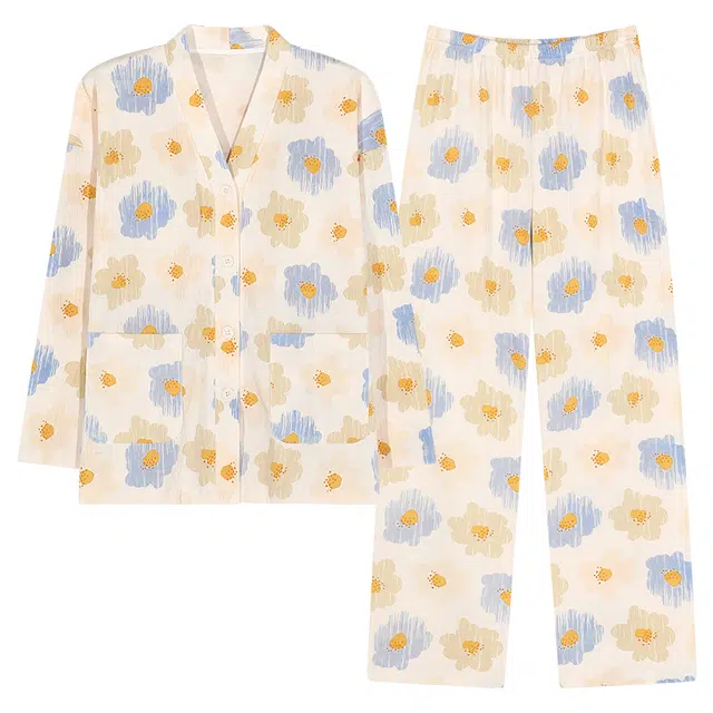 芬腾可安 春秋亲肤可外穿和服领开衫带胸垫一体式家居服睡衣套装 女款