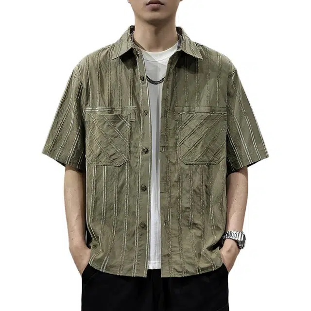 前进牛 美式休闲街头轻复古潮牌提花痞帅经典潮流薄款条纹翻领百搭宽松休闲工装衬衣短袖衬衫 男女同款