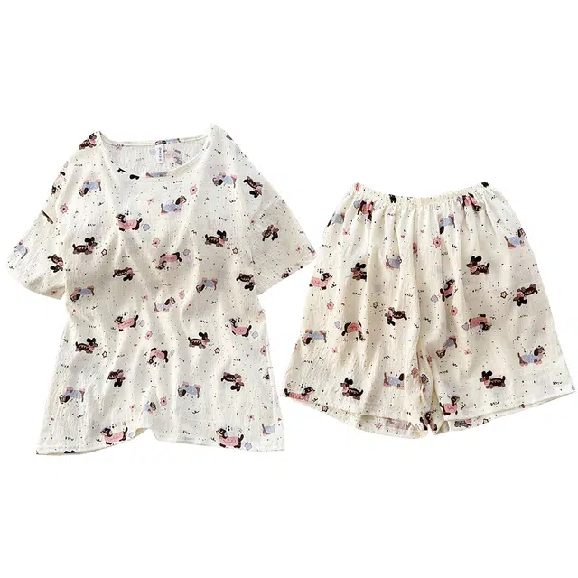 俏韵 圆领卡通腊肠狗夏季云朵棉甜美条纹可爱短袖短裤舒适薄款家居服可外穿睡衣套装 女款