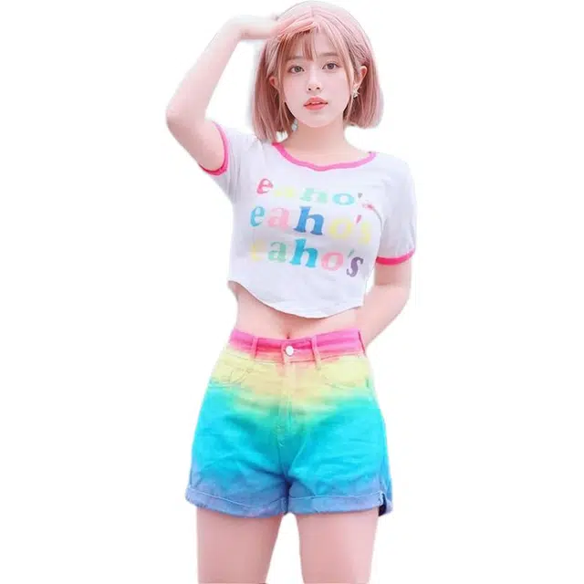 囍鱼少女 日系原创手工扎染低腰破洞彩虹软妹学院风百搭牛仔短裤 女款