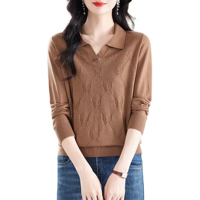 恒源祥 简约时尚百搭显瘦翻领纯色质感纹路长袖针织衫 女款