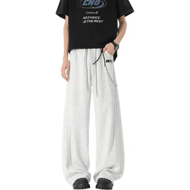 王者荣耀 美式复古纯色条杠直筒阔腿长裤宽松舒适青少年学生党休闲百搭时尚针织运动裤 标语款 男女同款