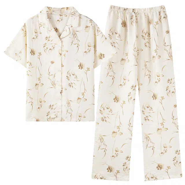 顶瓜瓜 云朵棉短袖长裤开衫水墨花简约两件套家居服夏季 睡衣套装 女款