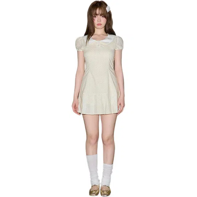 缪斯的诱惑  奶油波点可爱乖巧娃娃领百褶收腰显瘦裙子短袖连衣裙 女款