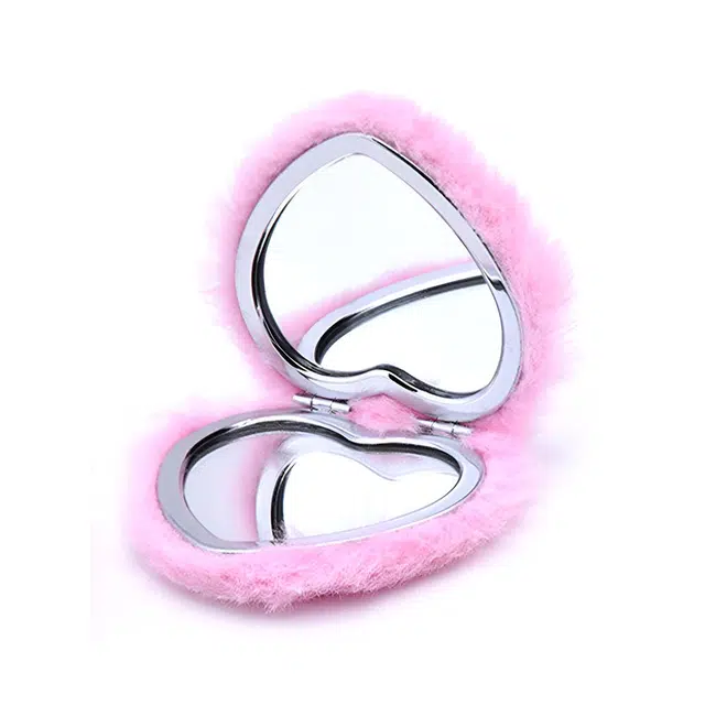 顽顽毛绒爱心双面折叠带放大镜子桃心仿兔毛化妆镜化妆镜