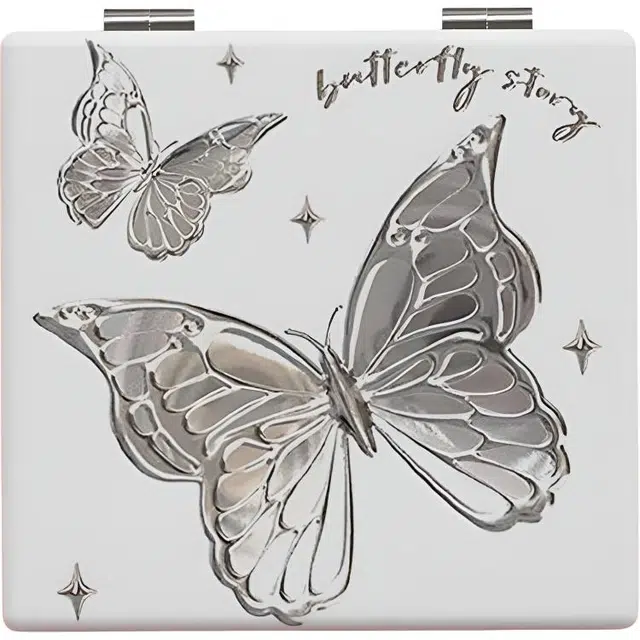 计轩银色蝴蝶便携手持镜子防摔少女卡通随身带折叠化妆镜双面翻盖化妆镜