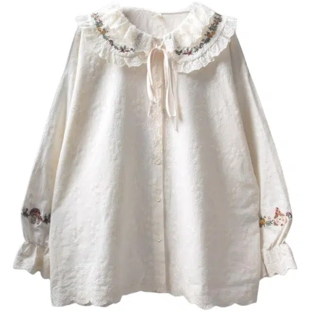 桴生 刺绣荷叶边娃娃领系带女春秋设计感小众休闲衬衣 衬衫 女款