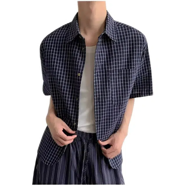 木木兔 美式复古格纹青少年夏季时尚休闲百搭个性短袖衬衫 男款