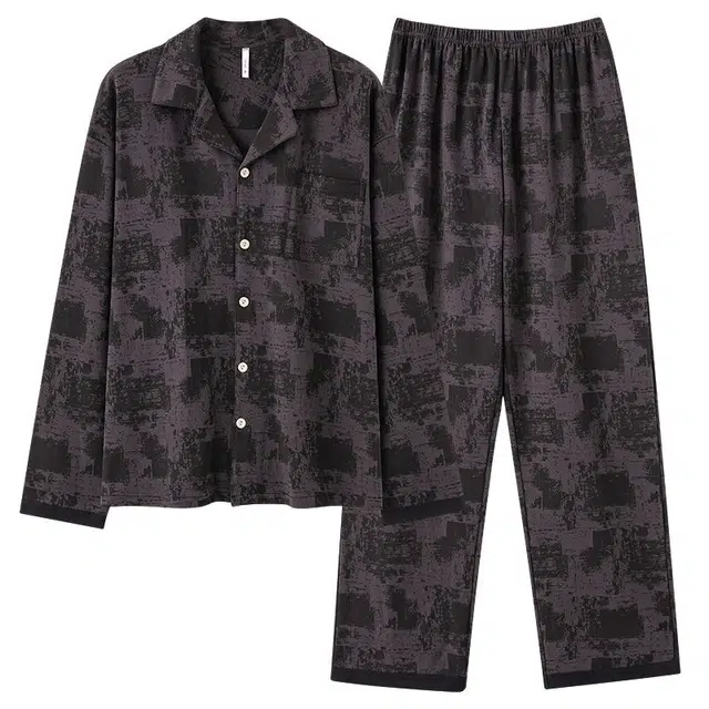 俏韵 翻领春秋季开衫印花长袖休闲简约宽松舒适薄款家居服可外穿睡衣套装 男款