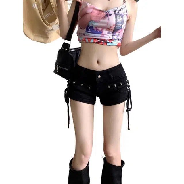 囍鱼少女 美式复古紧身绑带设计感辣妹显瘦包臀热裤牛仔短裤 女款