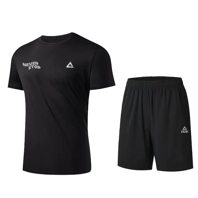 匹克 速干透气简约时尚跑步健身圆领短袖训练宽松五分短裤休闲运动套装 男女同款