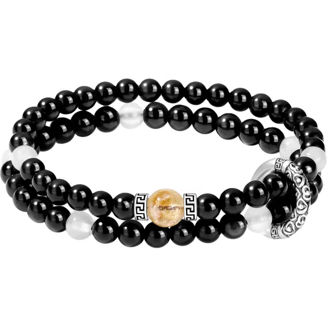 老凤祥 平安喜乐情侣 大气设计精致手饰新中式招财时尚简约复古百搭高级感串珠七夕限定礼物男友精美礼盒 黑曜石 手串 男女同款情侣款