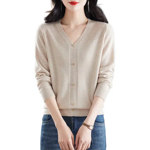 恒源祥 简约时尚百搭圆领烫钻纯色羊毛针织衫 女款