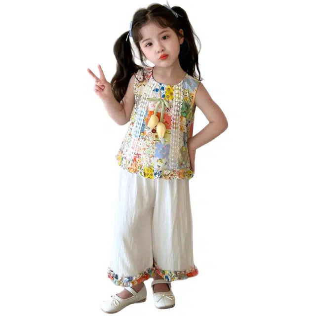 木木兔休闲运动套装 时髦洋气无袖萌娃时尚小女孩宽松舒适花朵蕾丝两件套