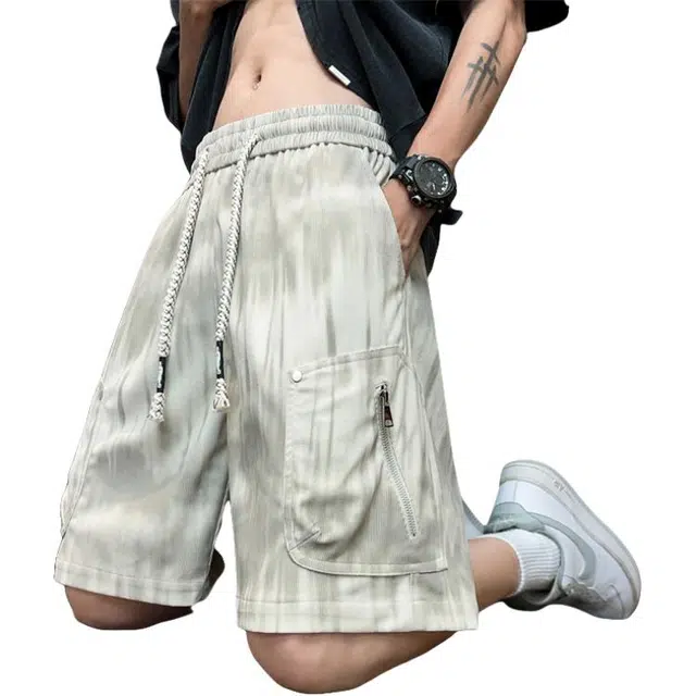 半空山 美式高街扎染立体大口袋冰感宽松工装松紧绳五分裤休闲短裤 男女同款