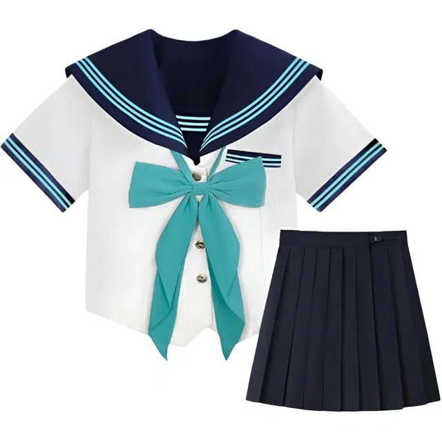 小卷要加油 水手服海军领拼色短袖上衣纯色简约低腰短裙制服 女款