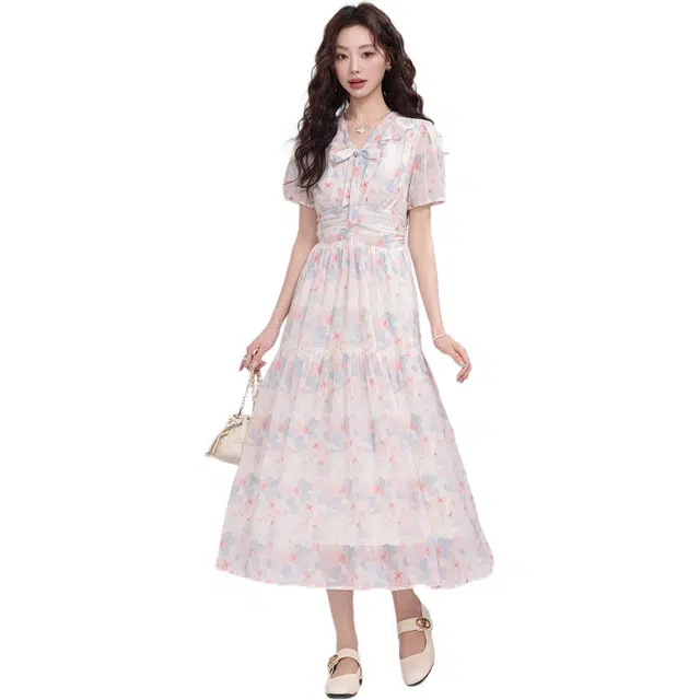 缪斯的诱惑 温柔风收腰设计感长裙短袖连衣裙 女款