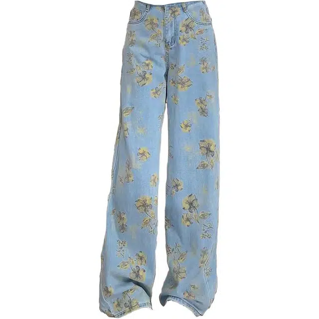 华夏儿女 碎花直筒夏季薄款显瘦阔腿宽松设计感牛仔裤 女款