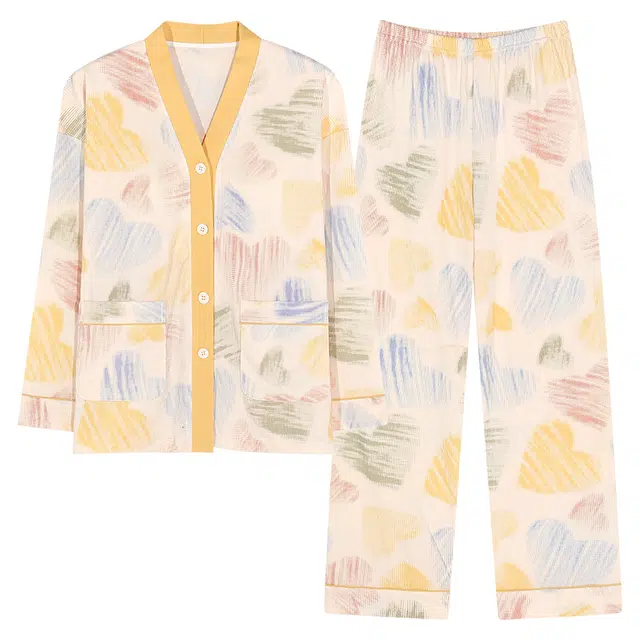 芬腾可安 可外穿春秋亲肤带胸垫和服领开衫一体式家居服睡衣套装 女款