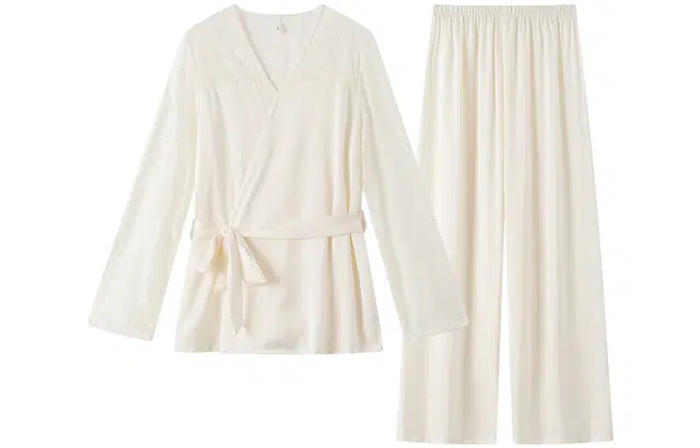 宫蝶 凉感冰丝长袖蕾丝风家居服柔软休闲简约舒适带胸垫睡衣套装 女款