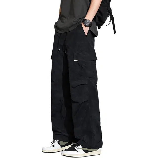 协协乐 夏季薄款凉感透气脏脏裤迷彩抽绳宽松阔腿拖地裤设计感户外直筒防水休闲裤工装裤 男款