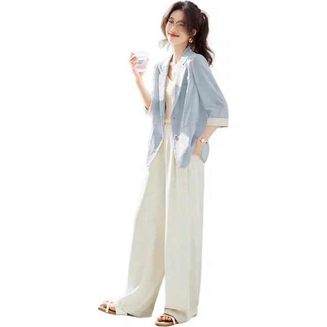 沫晗依美 飘逸拼色商务通勤休闲时尚七分袖西装 女款